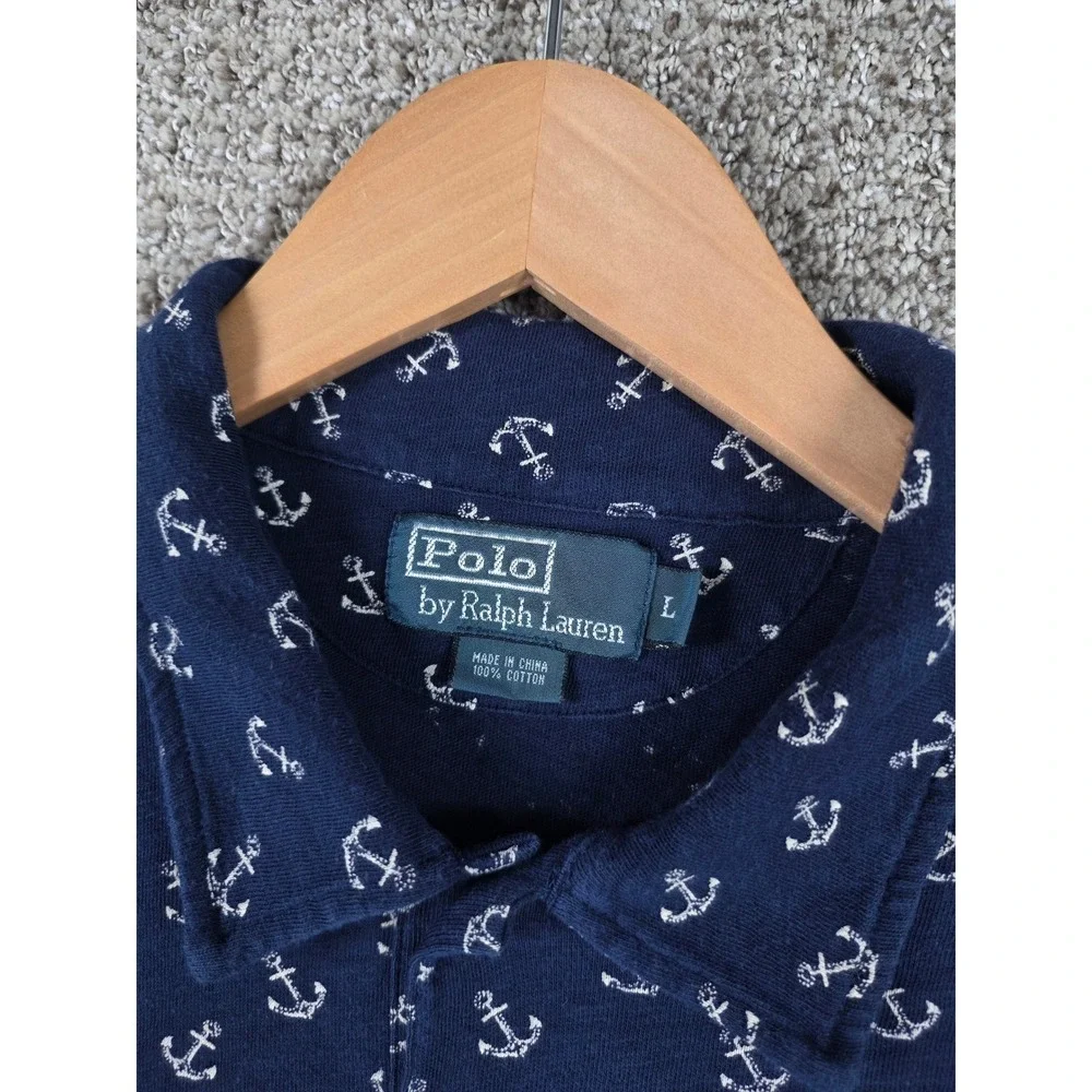 Vintage Polo Ralph Lauren Mens Large Blue Anchor Print Short Sleeve Polo Shirt L